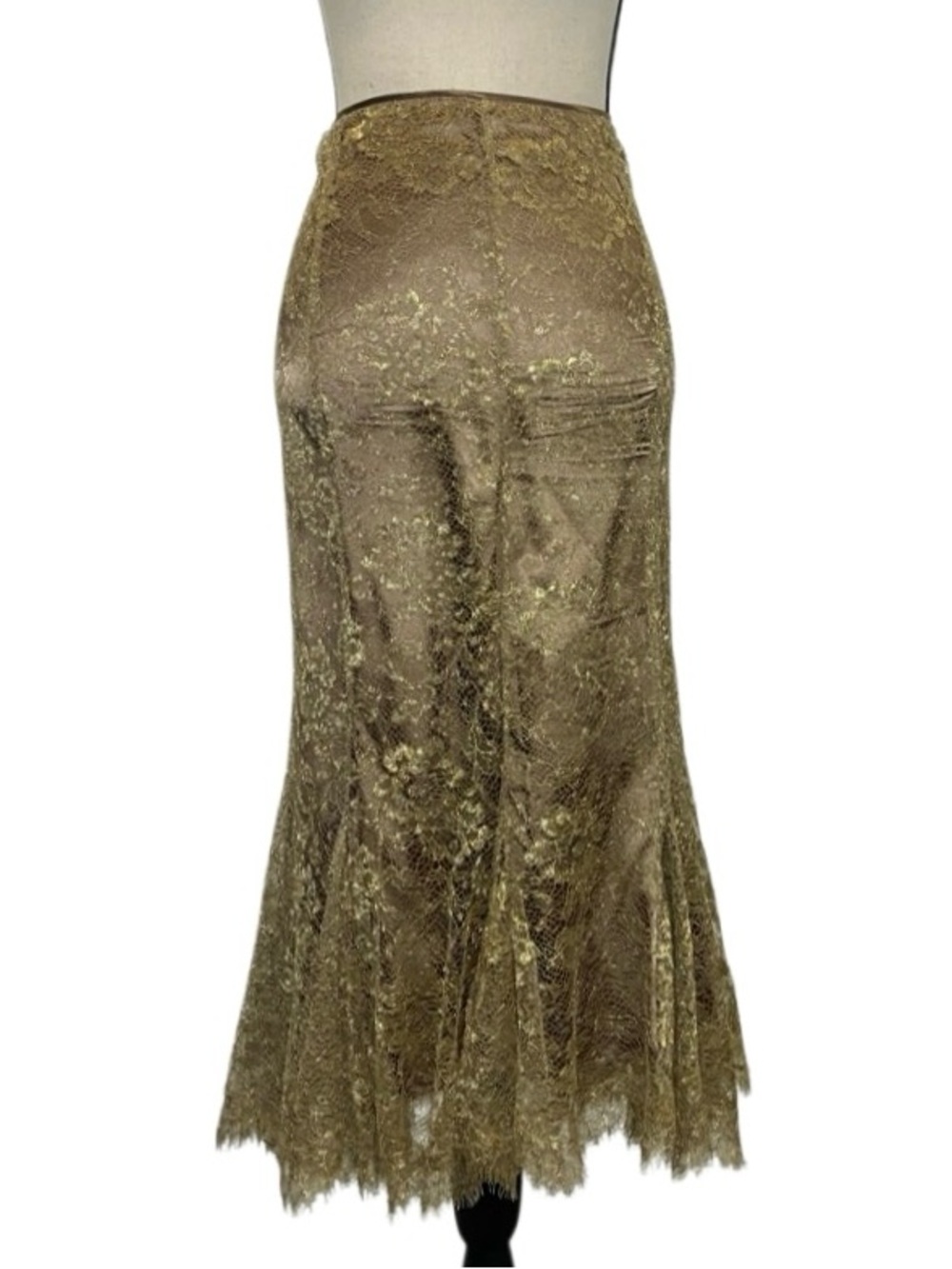 Per Se Gold Metallic Lace Midi Scalloped Hem Skirt- EUC